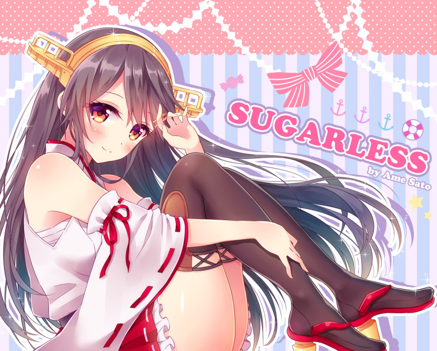 1girl, black_hair, black_legwear, blush, detached_sleeves, hairband, haruna_(kantai_collection), headgear, kantai_collection, long_hair, looking_at_viewer, mamekosora, nontraditional_miko, orange_eyes, red_skirt, skirt, smile, solo, thigh-highs, vertical-striped_background, vertical_stripes
