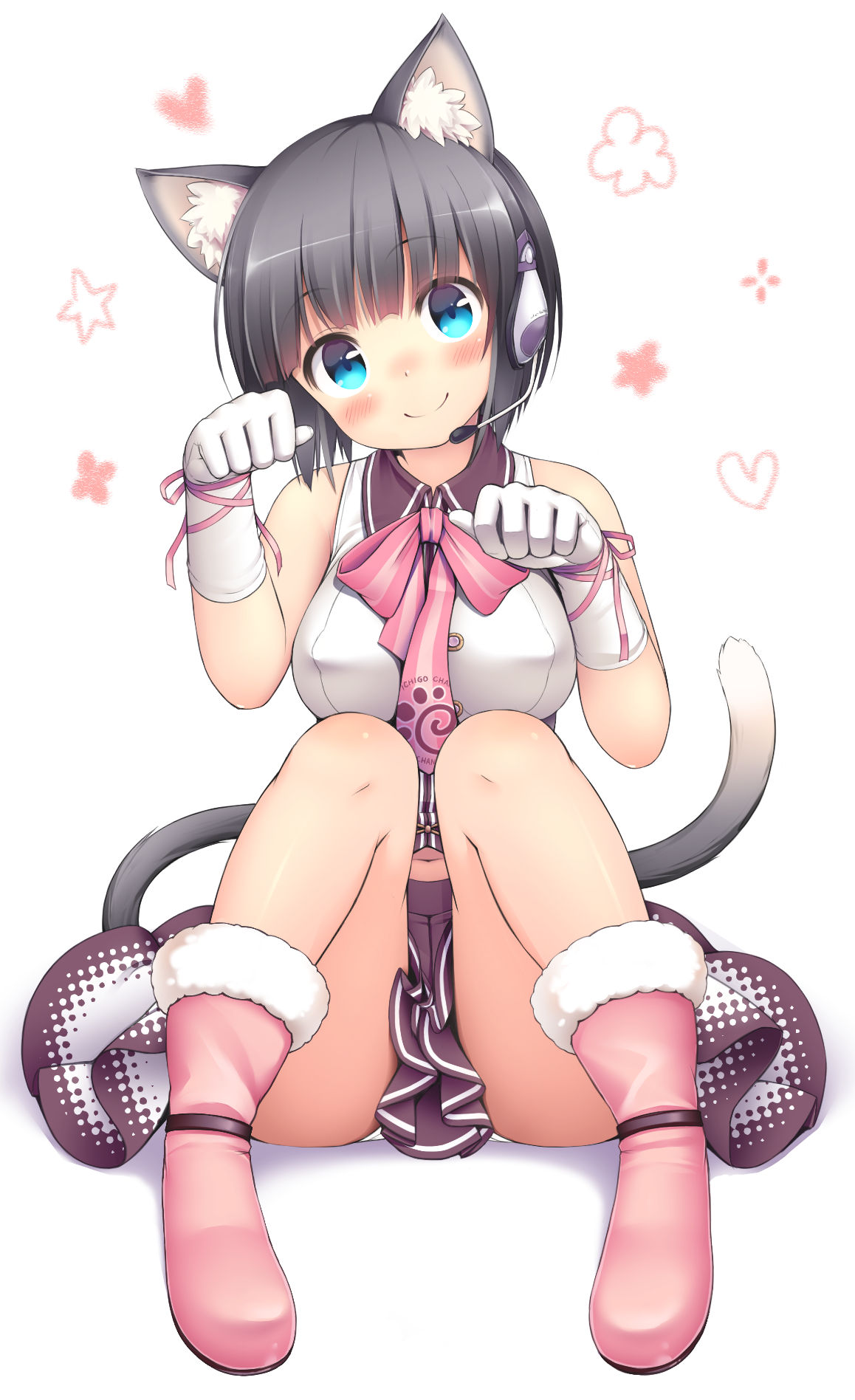 animal_ears, bare_shoulders, black_hair, blue_eyes, boots, cat_ears, cat_tail, character_request
