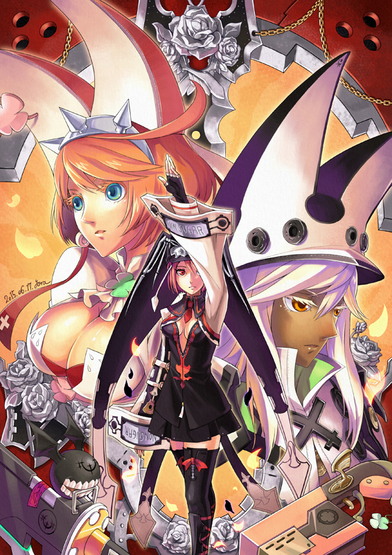 3girls, blue_eyes, breasts, cleavage, dark_skin, elphelt_valentine, fingerless_gloves, gloves
