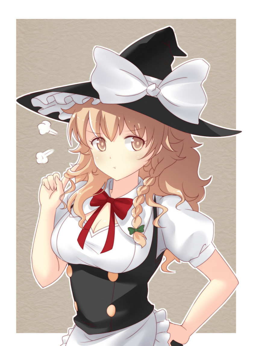 1girl, blonde_hair, bow, braid, breasts, cleavage, hat, highres