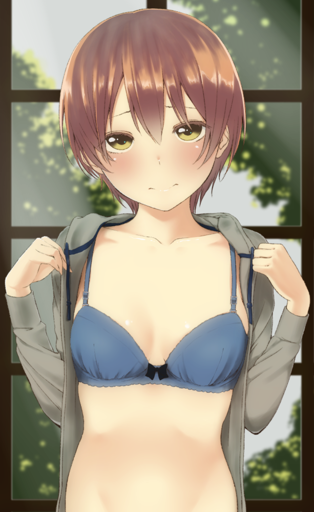 1girl, blush, bra, hoshizora_rin, love_live!_school_idol_project, mashimaru_(muzikluva), orange_hair, short_hair