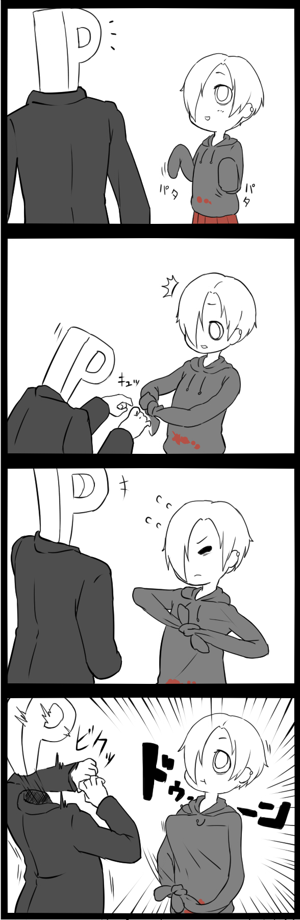 1boy, 1girl, 4koma, comic, formal, greyscale, hair_over_one_eye, highres, idolmaster, idolmaster_cinderella_girls, kadoyuki_(kadouki), monochrome, p-head_producer, producer_(idolmaster), shirasaka_koume, short_hair, sleeves_past_wrists, suit, tied_sleeves