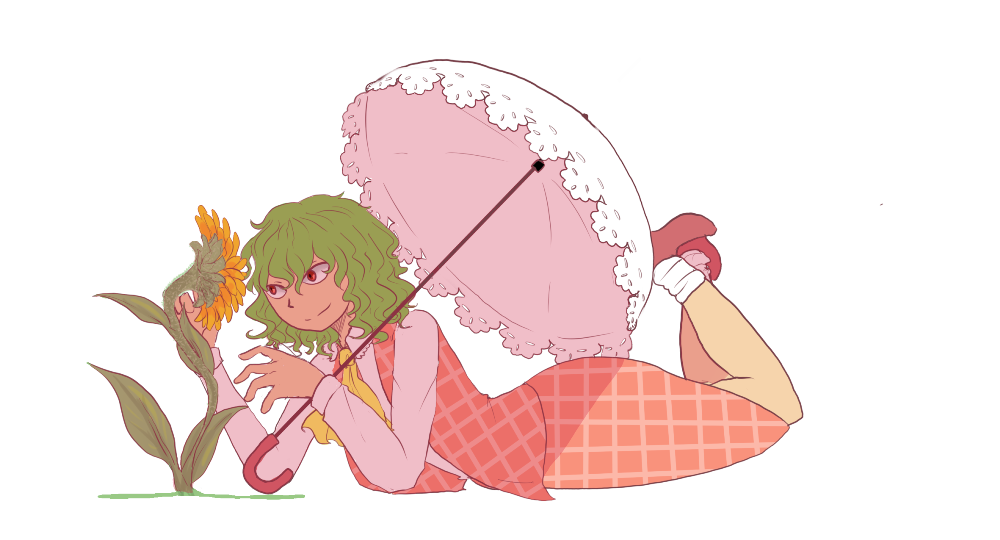 1girl, ascot, flower, green_hair, kazami_yuuka, kia_(tumblr), legs_up, lying