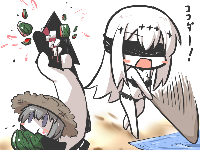 aircraft_carrier_water_oni, beach, bikini, black_bikini, blindfold, blush_stickers, chibi, commentary_request