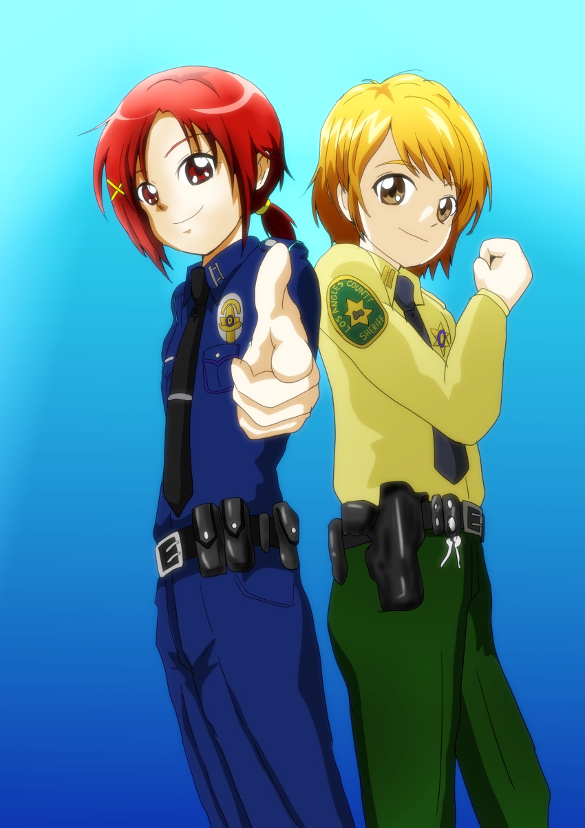 2girls, gun, gun_belt, handgun, highres, hino_akane_(smile_precure!), holster, kamonan_(pixiv_id_1430057)