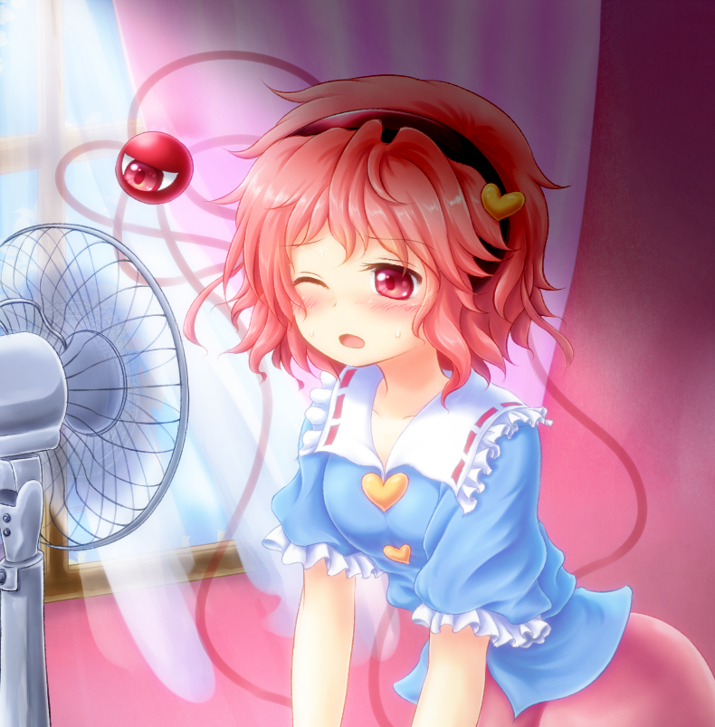 1girl, blouse, blush, curtains, electric_fan, hairband, heart, indoors