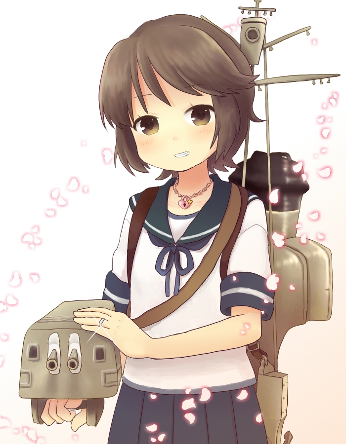 1girl, black_hair, brown_eyes, grin, hatsu_(proper5), jewelry, kantai_collection, lock, machinery, miyuki_(kantai_collection), necklace, ring, short_hair, smile, turret, wedding_band