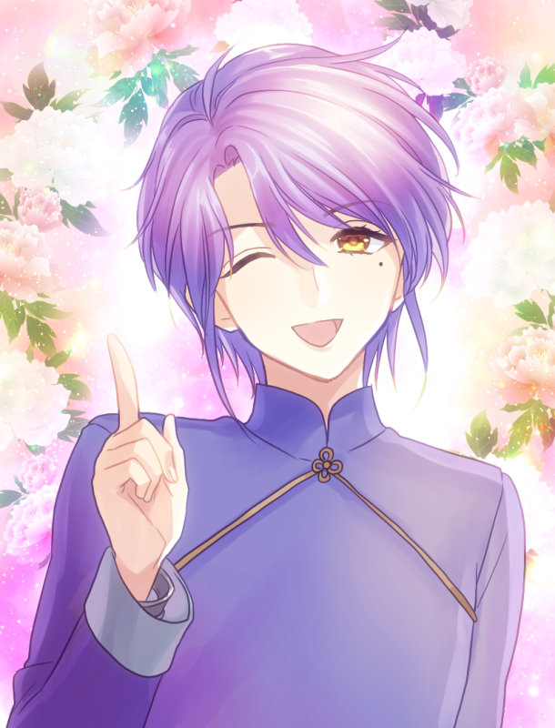 chinese_clothes, face, fushigi_yuugi, looking_at_viewer, male_focus, mole, nuriko_(fushigi_yuugi), one_eye_closed