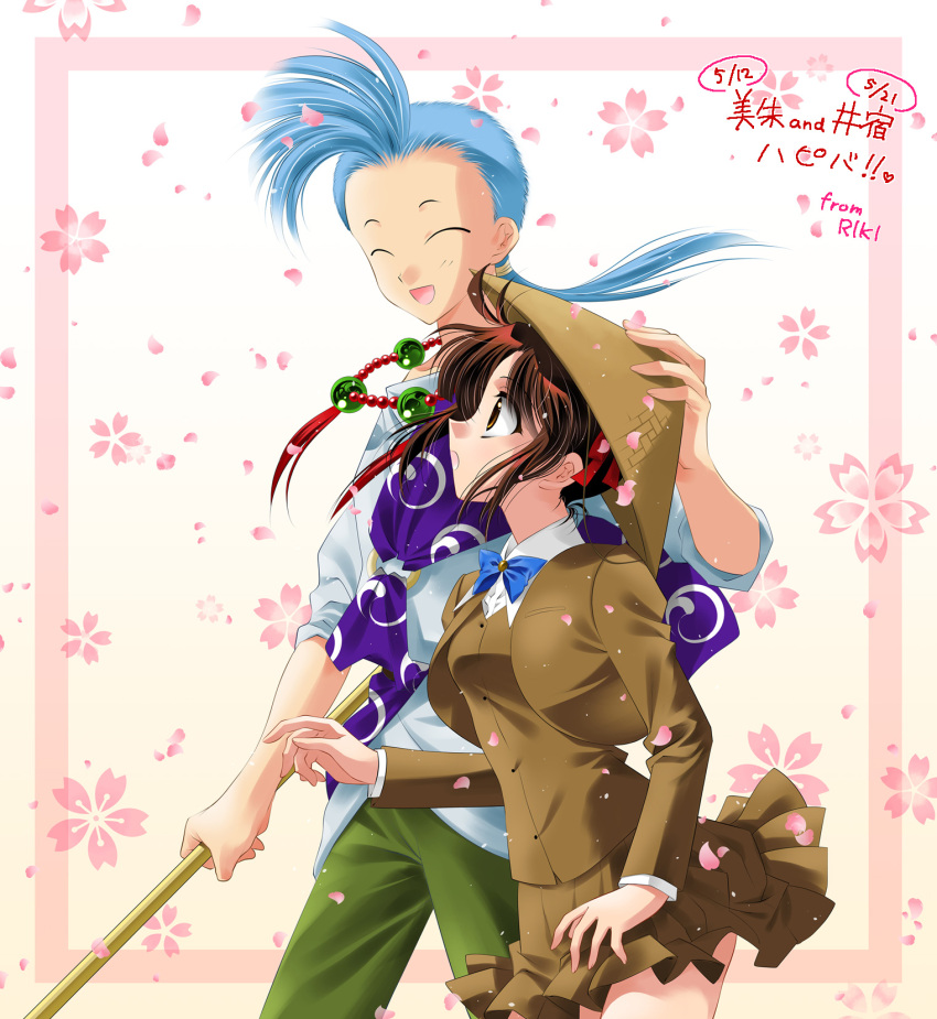 1boy, 1girl, blue_hair, bow, brown_eyes, brown_hair, cherry_blossoms, chichiri_(fushigi_yuugi), closed_eyes, fushigi_yuugi, hat, highres, ito, jewelry, necklace, petals, pleated_skirt, ponytail, school_uniform, skirt, yuuki_miaka