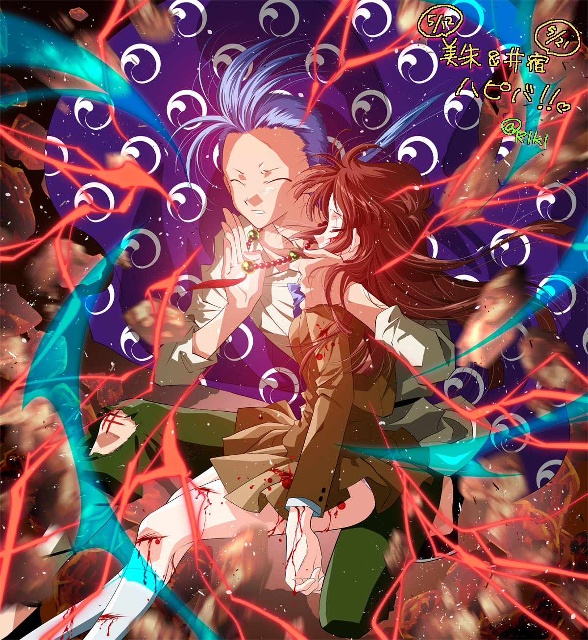 1boy, 1girl, blood, blue_hair, bow, brown_hair, chichiri_(fushigi_yuugi), closed_eyes