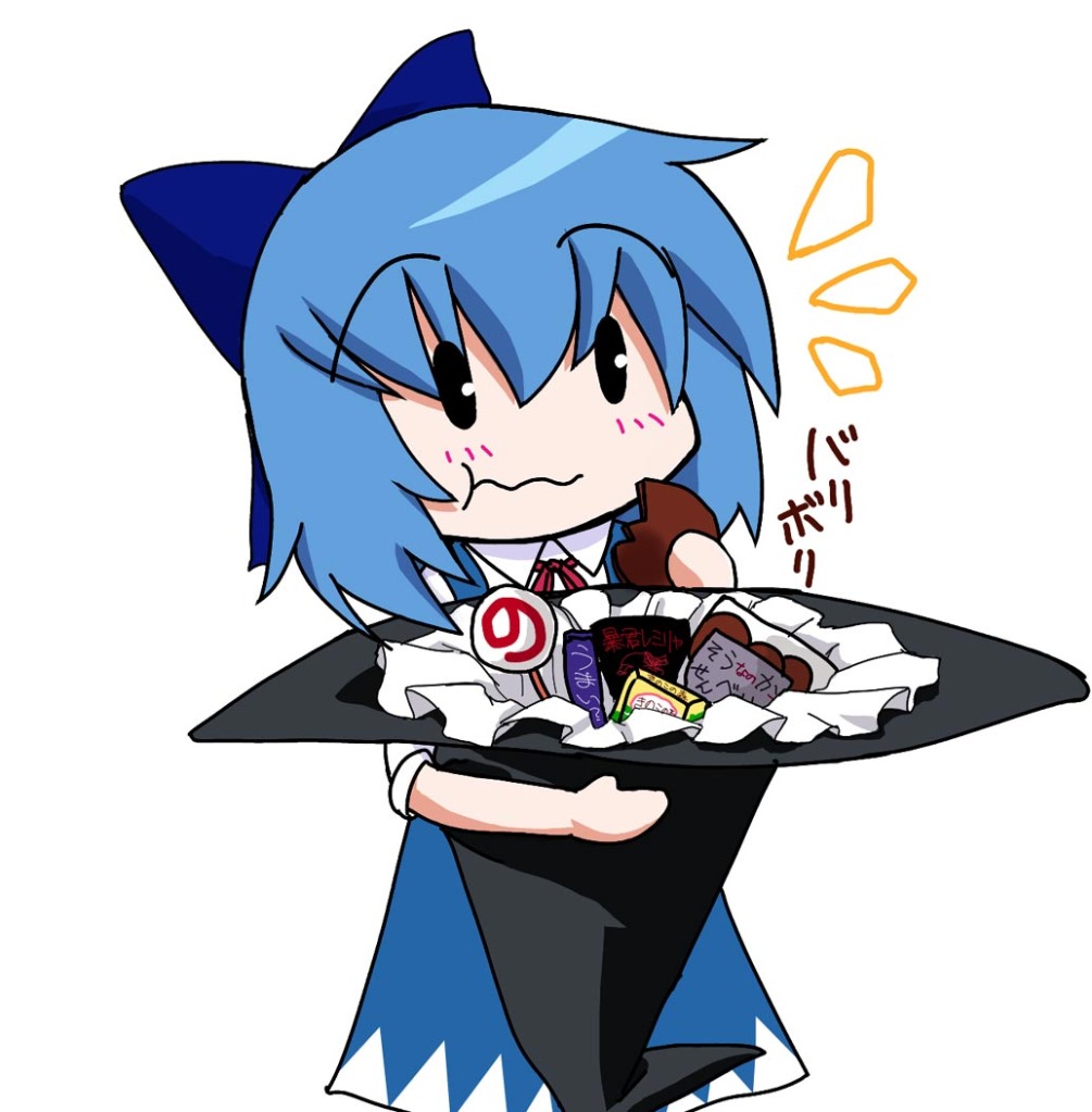 :t, blue_hair, bow, candy, chibi, cirno, cookie, eating