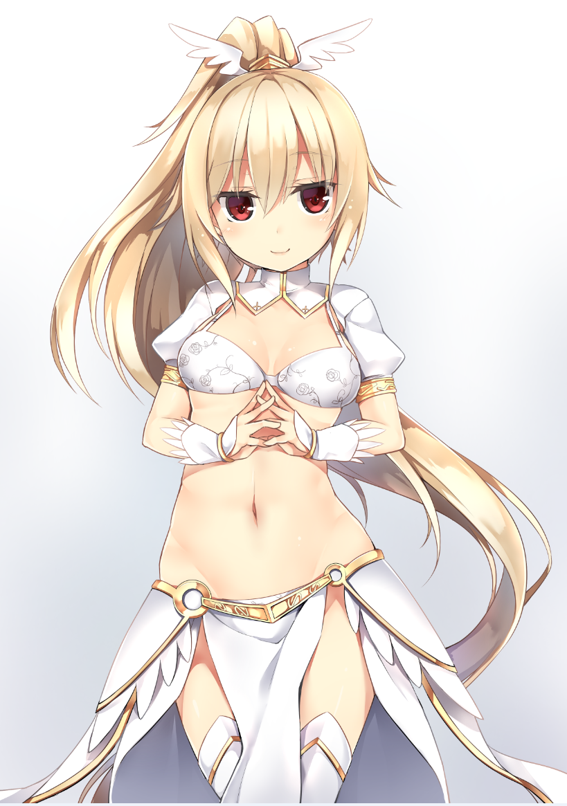 1girl, blonde_hair, blush, cowboy_shot, gradient, gradient_background, grey_background, interlocked_fingers, kaguyuu, long_hair, looking_at_viewer, midriff, nanaly_(sennen_sensou_aigis), navel, ponytail, red_eyes, sennen_sensou_aigis, small_breasts, smile, solo, thigh-highs, very_long_hair, white_legwear