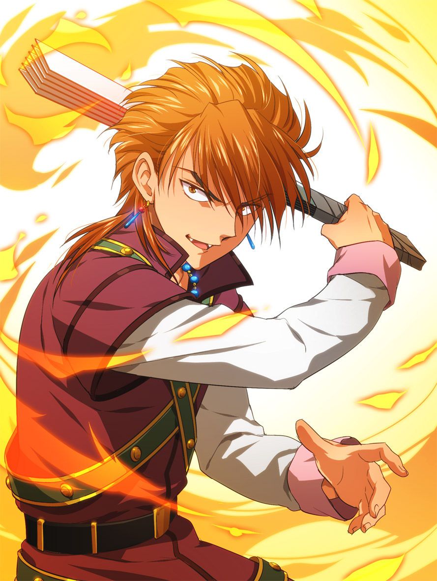 1boy, brown_eyes, earrings, fan, fang, fushigi_yuugi, jewelry, looking_at_viewer