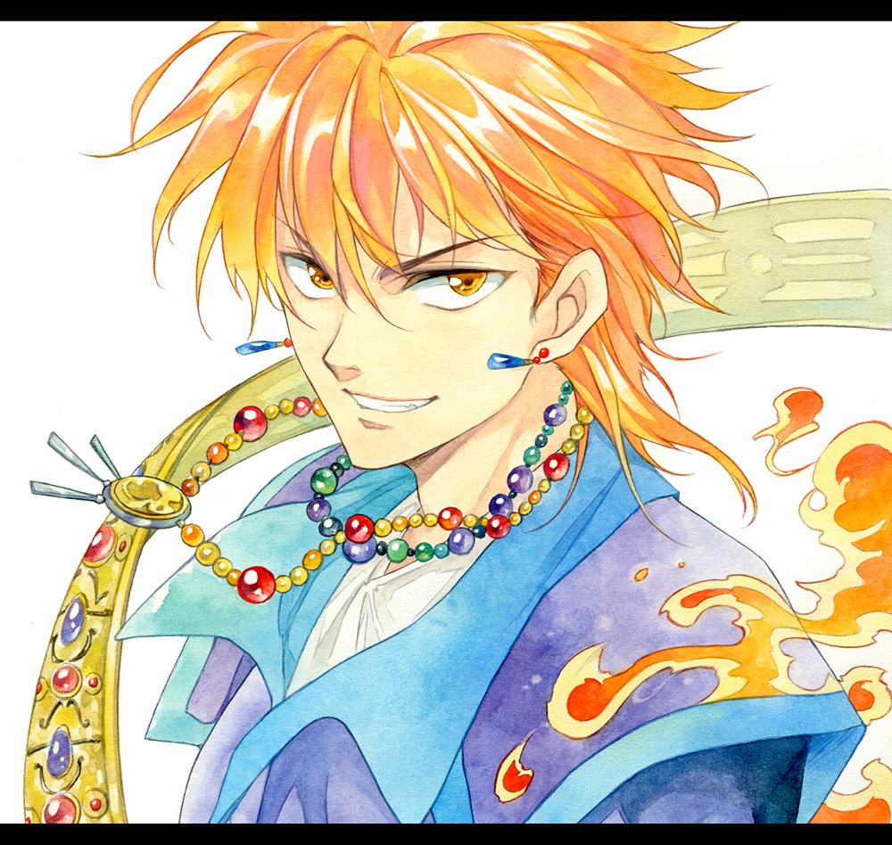 1boy, agahari, brown_eyes, face, fire, fushigi_yuugi, jewelry, looking_at_viewer