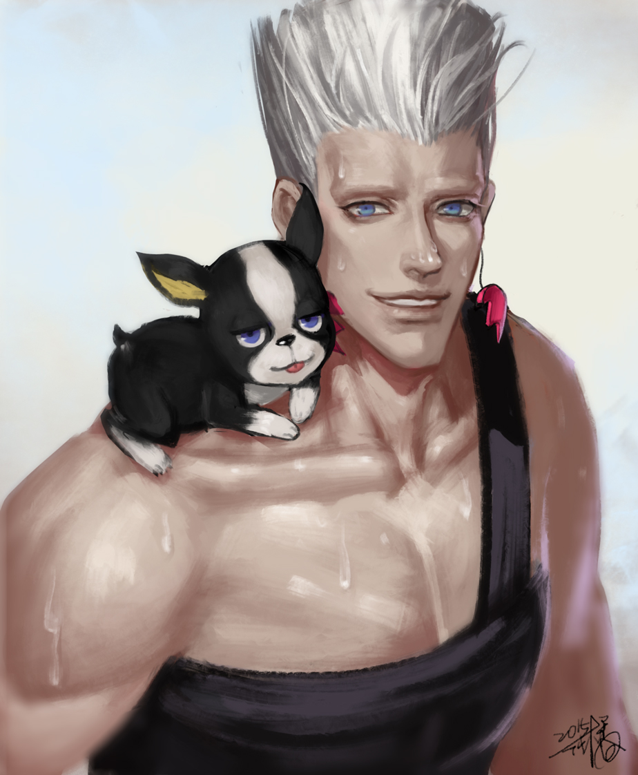 1boy, animal_on_shoulder, blue_eyes, blurry, dated, dog, earrings, fan_ju