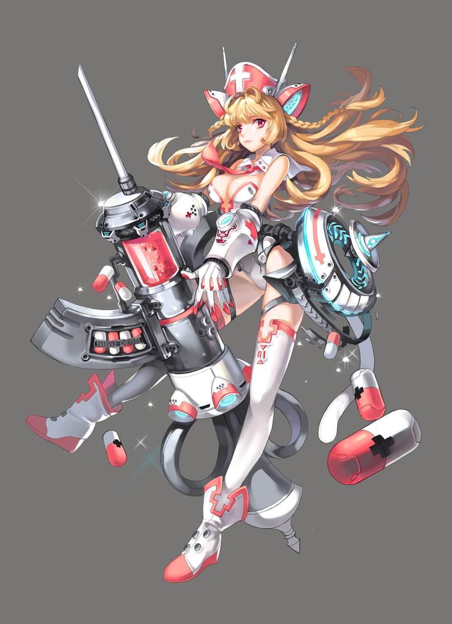 1girl, animal_ears, armor, blonde_hair, bodysuit, breasts, capsule, cat_ears