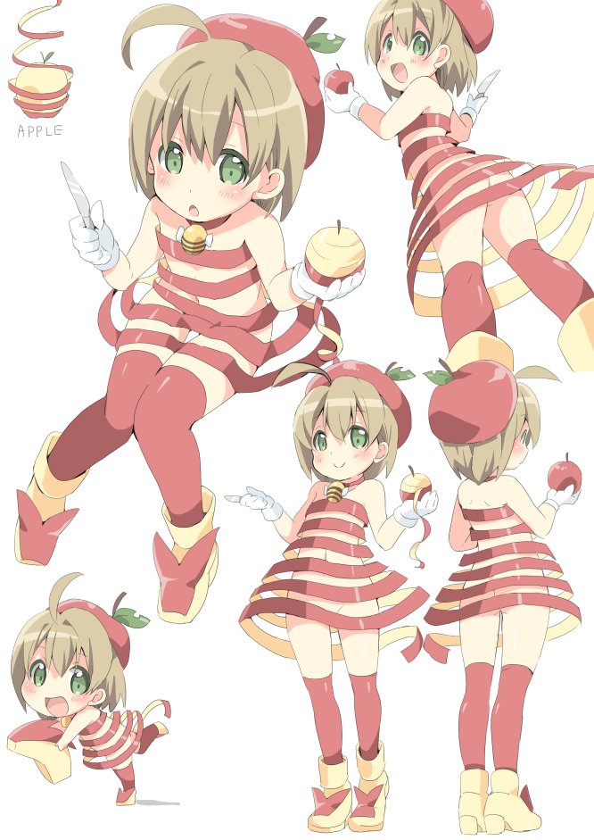 1girl, :o, ahoge, apple, apple_peel, bare_shoulders, blush, breasts