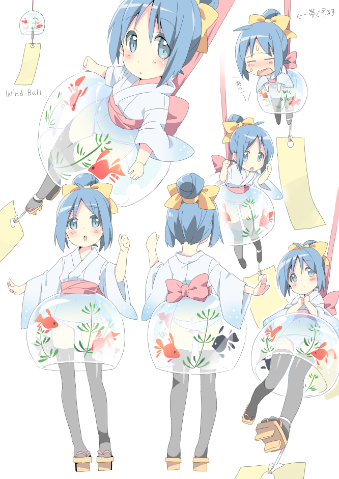 1girl, black_legwear, blue_eyes, blue_hair, blush, closed_eyes, geta, hair_bun