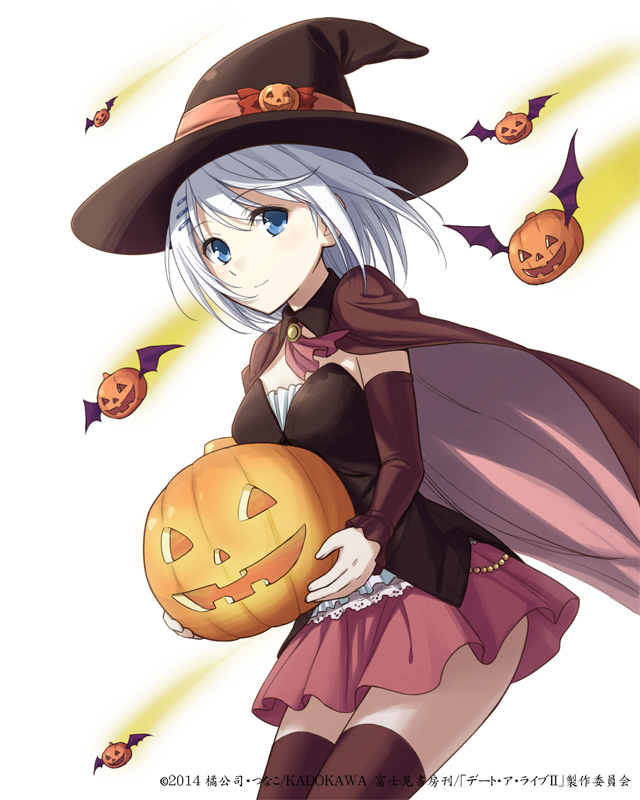 1girl, blue_eyes, date_a_live, hair_ornament, hairclip, hat, jack-o'-lantern, konoe_(vis9191)