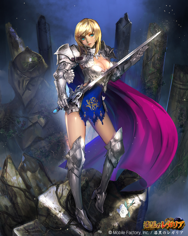 1girl, aqua_eyes, armor, armored_boots, astarone, blonde_hair, breasts, cape