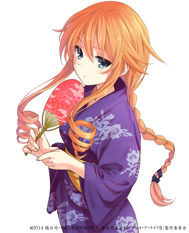 1girl, blue_eyes, braid, date_a_live, drill_hair, fan, japanese_clothes, kimono