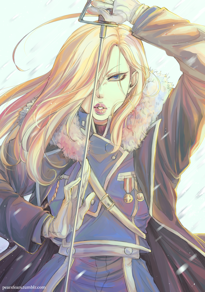 1girl, blonde_hair, blue_eyes, fullmetal_alchemist, gloves, hair_over_one_eye, lips, long_hair, military, military_uniform, olivier_mira_armstrong, pearsfears, sword, uniform, weapon