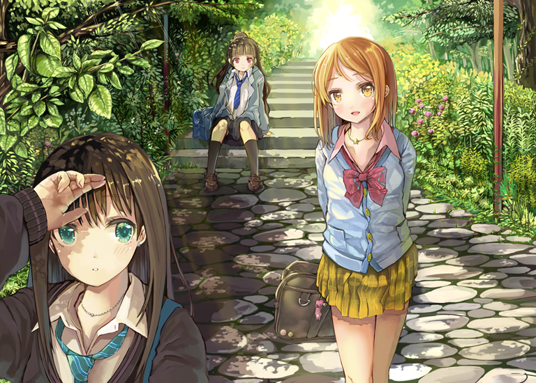 3girls, brown_eyes, brown_hair, cardigan, eyebrows, green_eyes, heri, houjou_karen