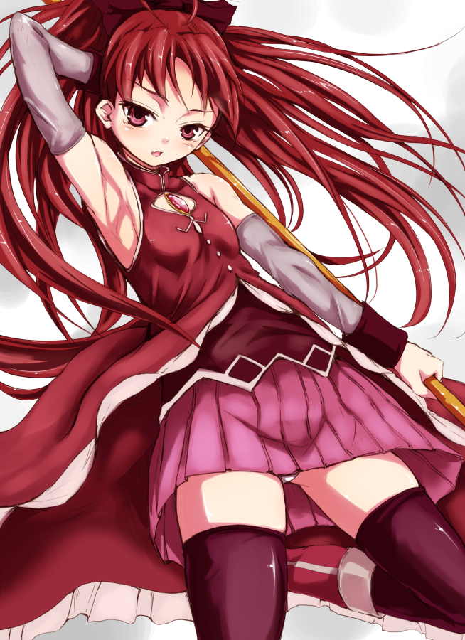 1girl, armpits, black_legwear, bow, hair_bow, long_hair, looking_at_viewer, magical_girl