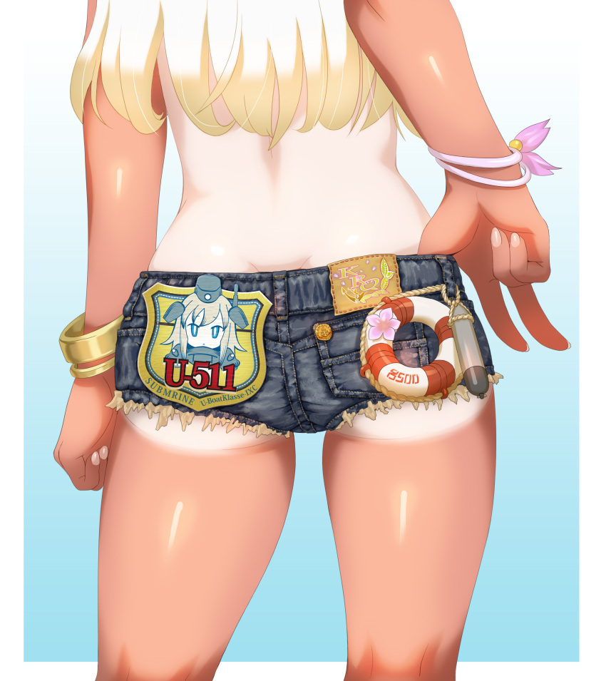 1girl, absurdres, adapted_object, adjusting_clothes, ass, badge, bangle, blonde_hair, blue_eyes, bracelet, chaki_(teasets), character_name, character_print, close-up, cutoffs, denim, denim_shorts, engrish, flower, from_behind, gradient, gradient_background, hair_flower, hair_ornament, highres, innertube, jewelry, kantai_collection, lifebuoy, long_hair, one-piece_tan, ranguage, ro-500_(kantai_collection), school_swimsuit, short_shorts, shorts, solo, swimsuit, tan, tanline, torpedo, u-511_(kantai_collection)
