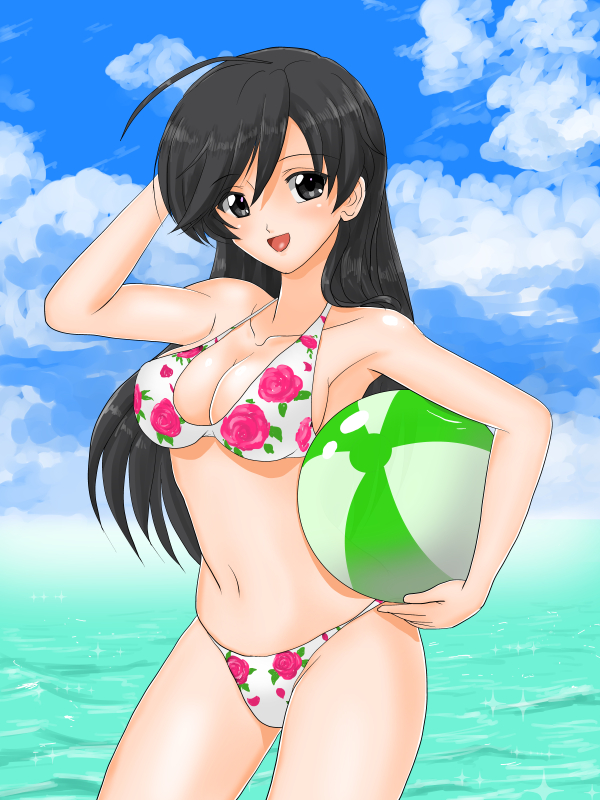 1girl, ball, beachball, bikini, black_eyes, black_hair, floral_print, girls_und_panzer