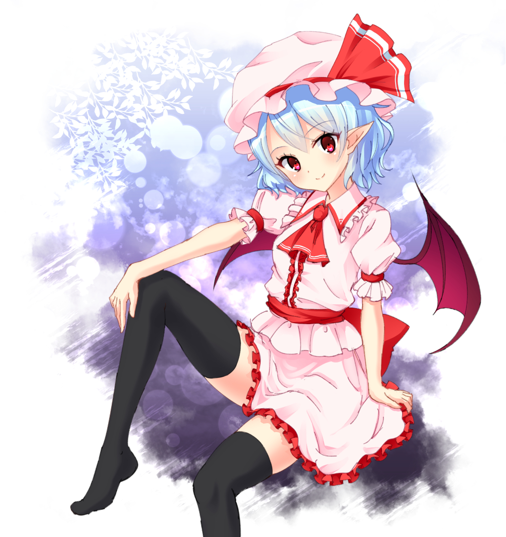 1girl, arm_rest, ascot, bat_wings, black_legwear, blue_hair, frilled_skirt, frills