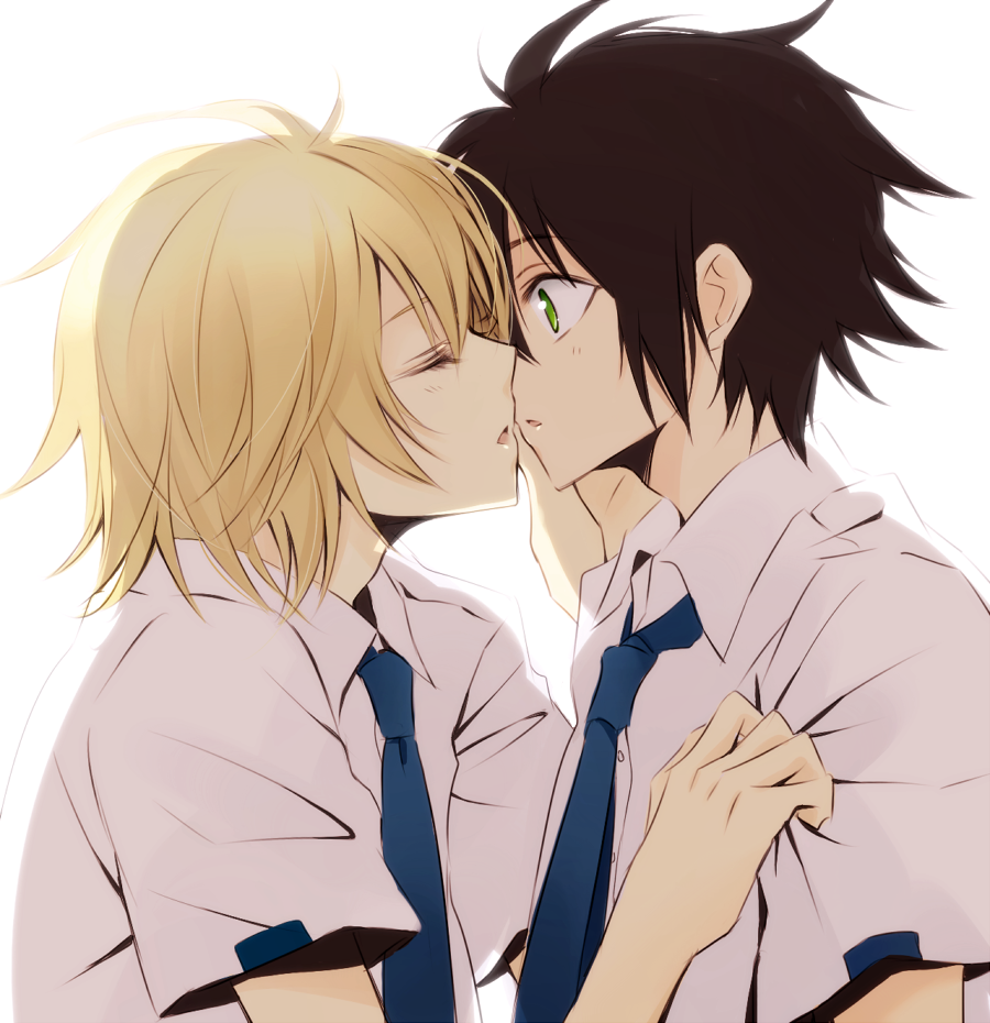 2boys, black_hair, blonde_hair, closed_eyes, green_eyes, hyakuya_michaela, hyakuya_yuuichirou, incipient_kiss