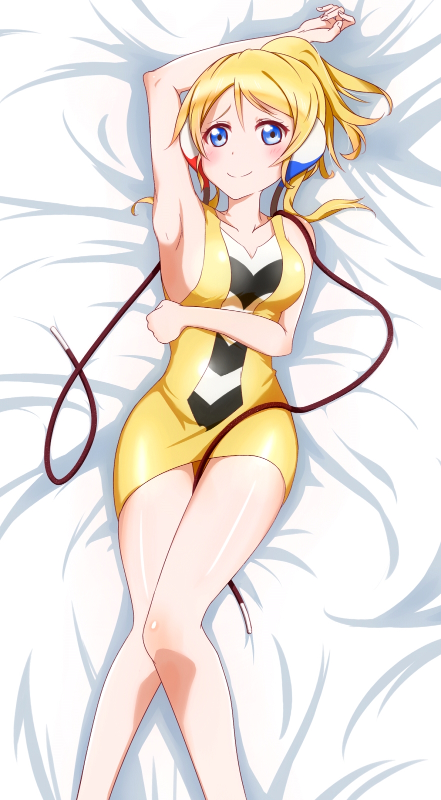 1girl, artist_request, ayase_eli, bare_shoulders, blonde_hair, blue_eyes, blush, breasts
