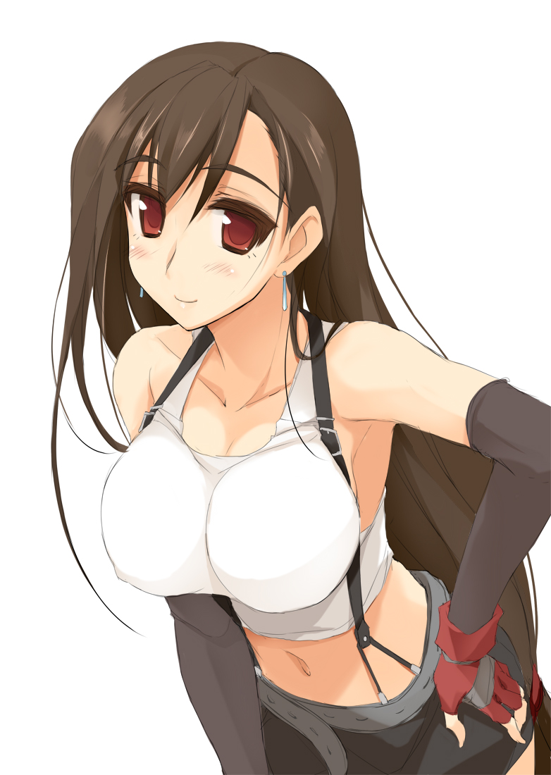 1girl, blush, breasts, brown_hair, collarbone, crop_top, earrings, final_fantasy