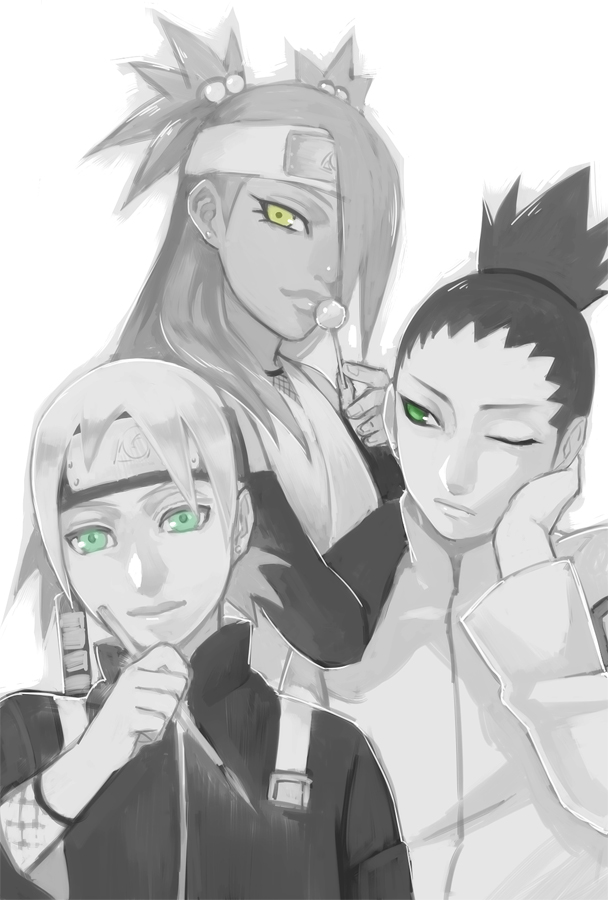 1girl, 2boys, akimichi_chouchou, forehead_protector, green_eyes, hal_(sakurajam), long_hair, multiple_boys