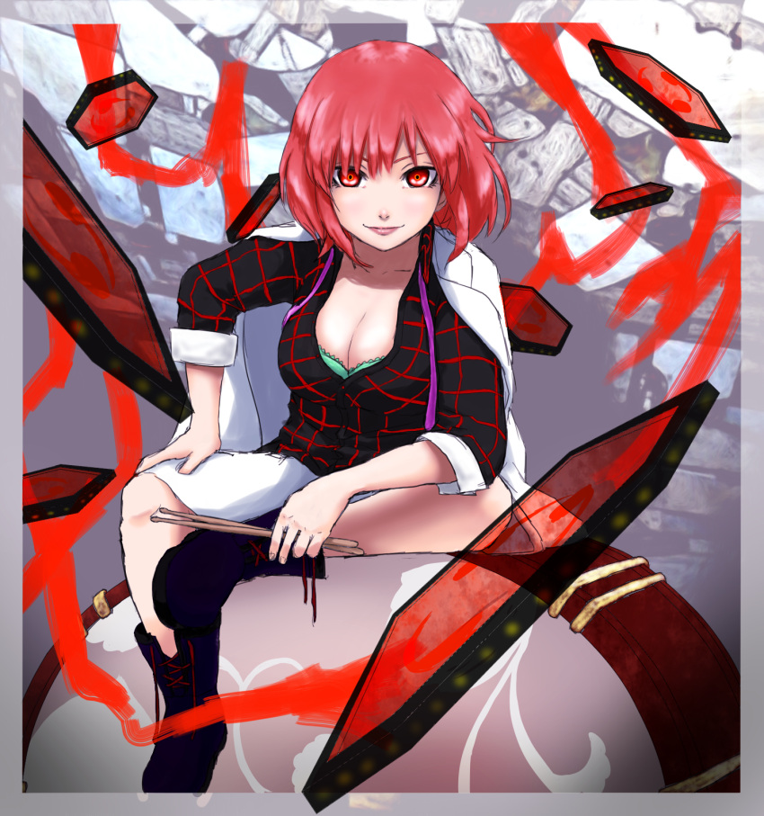 1girl, breasts, cleavage, drum, drumsticks, highres, horikawa_raiko, instrument