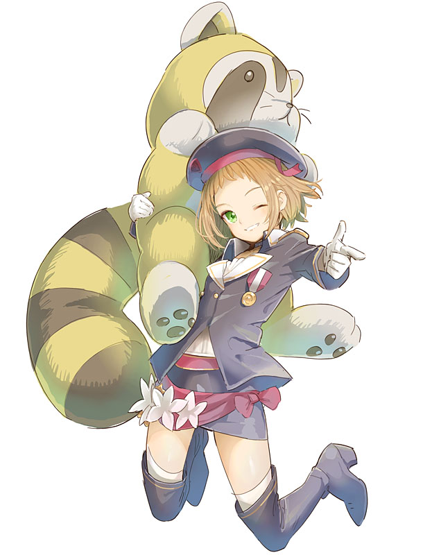 1girl, ;d, a-rise, boots, brown_hair, commentary_request, daigoman, finger_gun