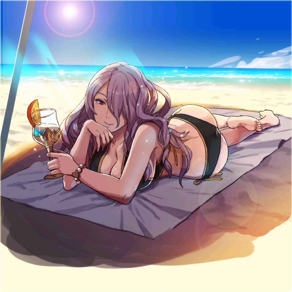 1girl, ass, bangs, barefoot, beach, beach_towel, bikini, black_bikini