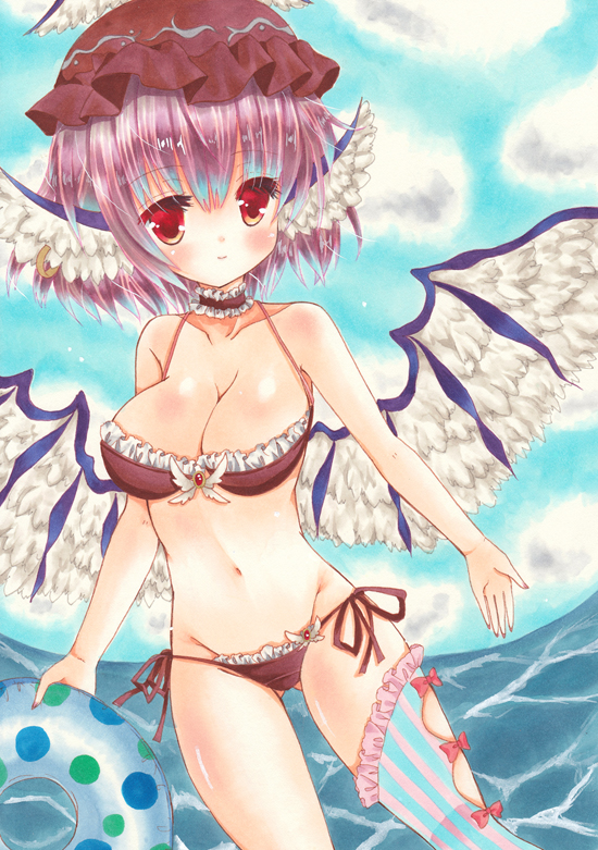 1girl, asa1014, beach, bikini, bird_ears, bird_wings, breasts, hat_feather, marker_(medium), mystia_lorelei, navel, pink_eyes, pink_hair, sash, solo, swimsuit, touhou, traditional_media, wings