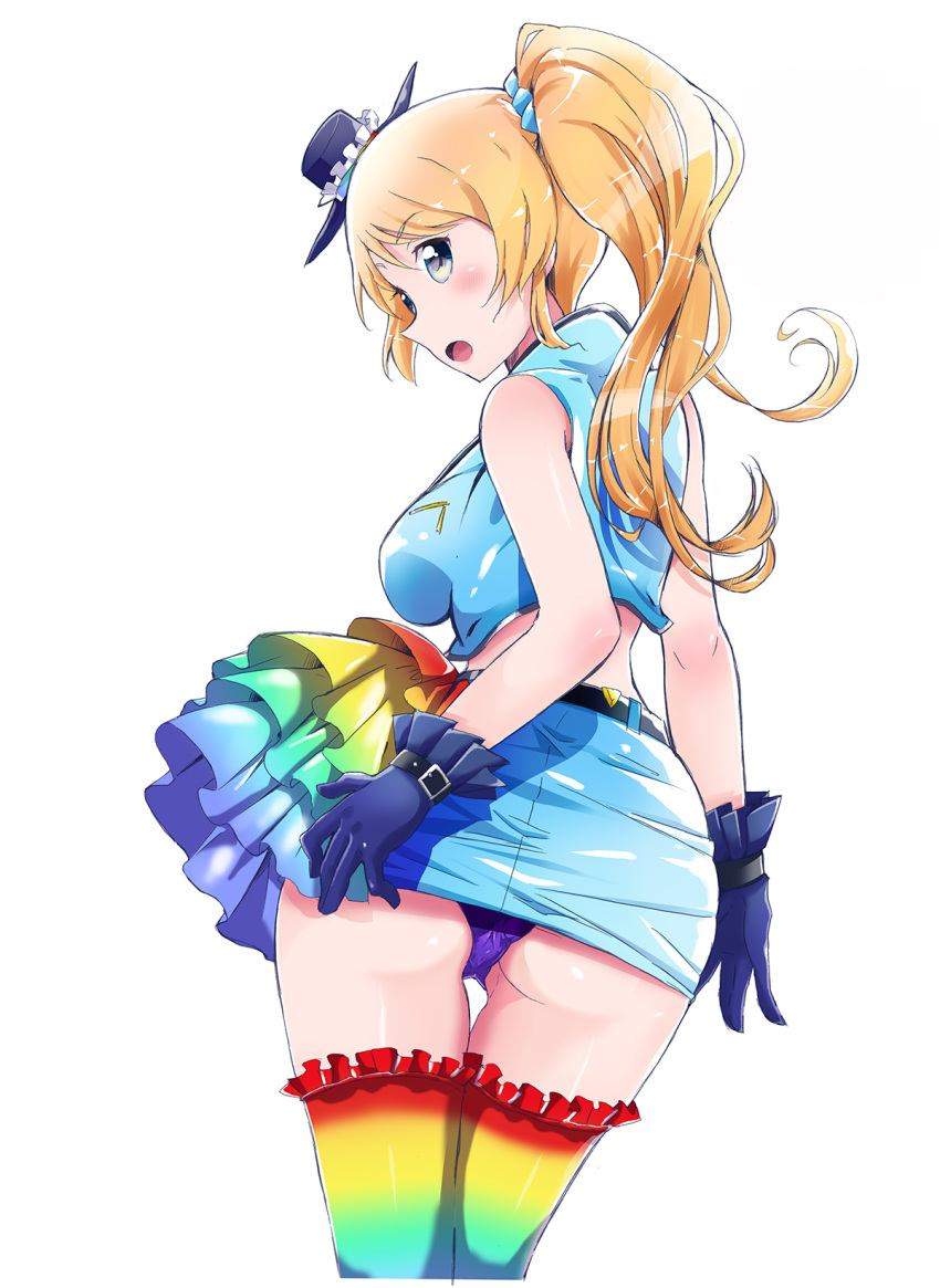 1girl, :o, ayase_eli, belt, blonde_hair, blue_eyes, breasts, buckle, gloves, hat, highres, kaya_(trumpkin00), love_live!_school_idol_project, midriff, multicolored_legwear, panties, pencil_skirt, pointy_nose, ponytail, purple_panties, rainbow_legwear, scrunchie, simple_background, skirt, solo, thigh-highs, underwear, white_background