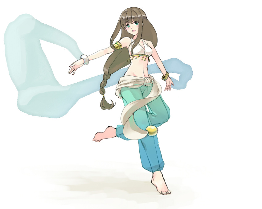1girl, armlet, barefoot, bikini_top, blush, bracelet, brown_hair, chitsupu, dancer, dancing, harem_outfit, harem_pants, jewelry, long_hair, midriff, navel, original, pants, sash, smile, veil