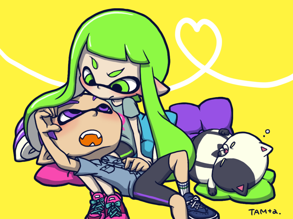 1girl, 2boys, bike_shorts, blue_hair, blush, cat, dress_shirt, eye_contact, fangs, green_eyes, green_hair, heart, inkling, inkling_boy, inkling_girl, john_(splatoon), john_(splatoon)_alt, judd_(splatoon), kaori_(splatoon), kaori_(splatoon)_alt, lap_pillow, looking_at_another, pillow, pointy_ears, ponytail, purple_hair, shirt, shoes, sitting, sneakers, splatoon, splatoon_(series), t-shirt, tama_2400, tentacle_hair, violet_eyes, yellow_background