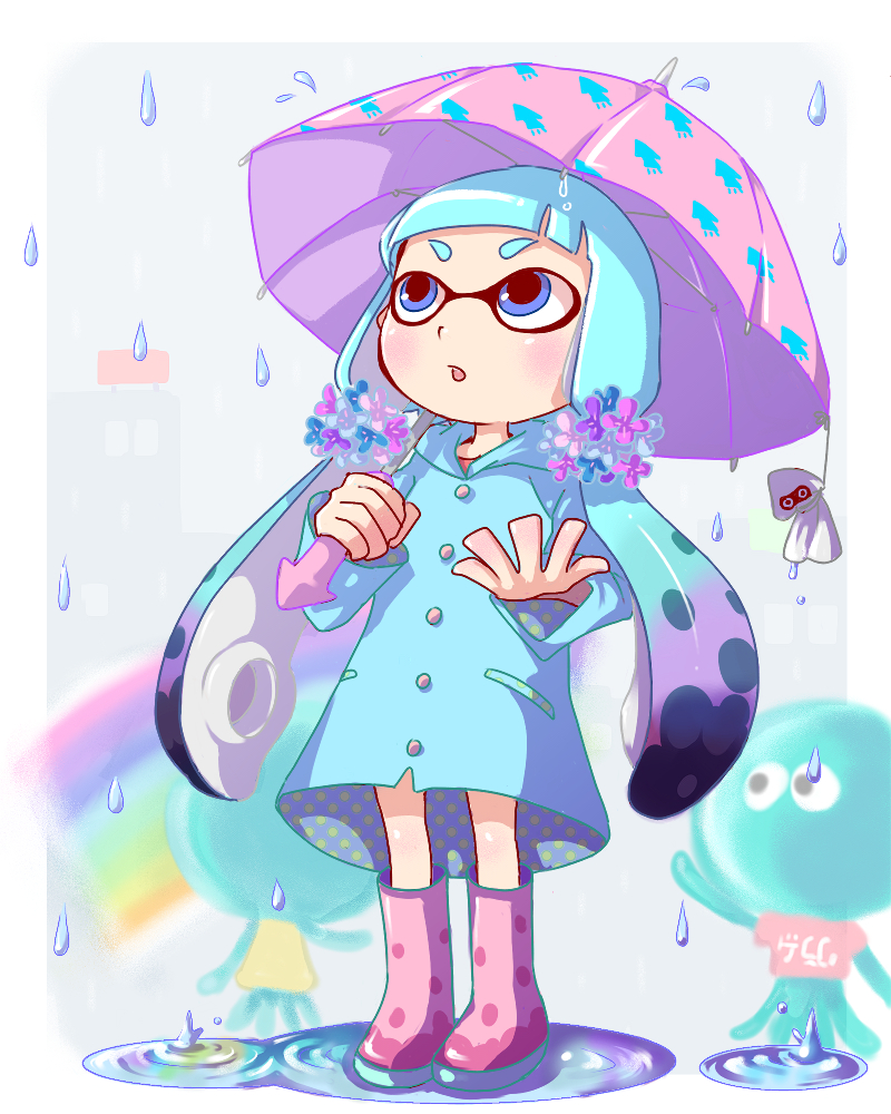 1girl, blue_eyes, blue_hair, boots, flower, hair_flower, hair_ornament, inkling