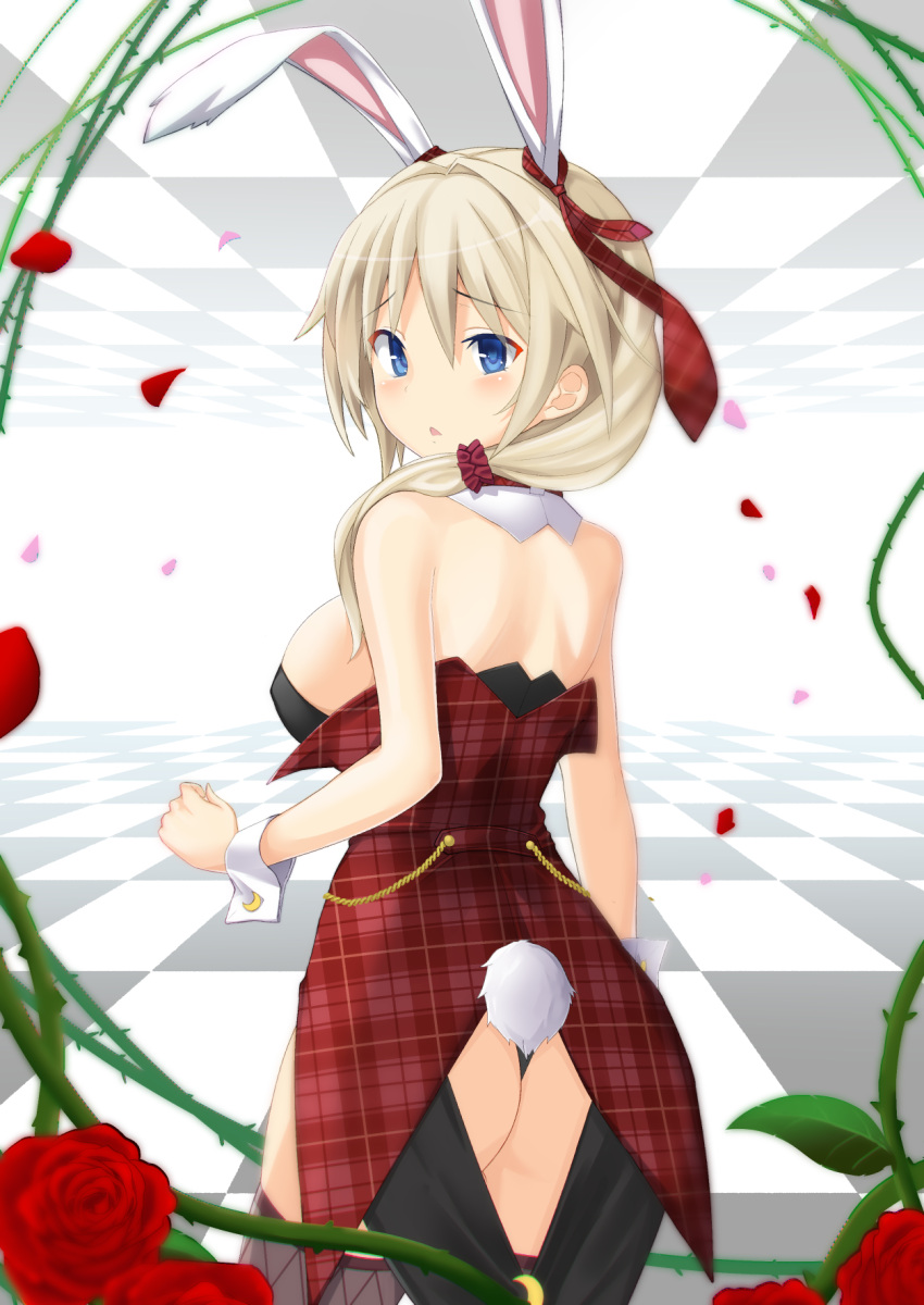 1girl, animal_ears, ass, blonde_hair, blue_eyes, blush, bunny_girl, flower