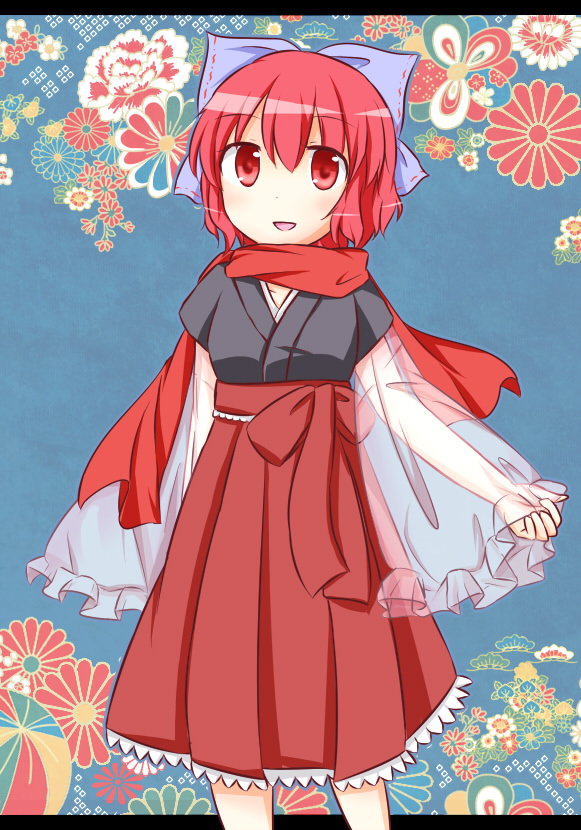 1girl, :d, blush, bow, flower, forbidden_scrollery, hair_bow, hakama, japanese_clothes, kimono, large_bow, looking_at_viewer, open_mouth, puchimirin, red_eyes, redhead, scarf, see-through, sekibanki, short_hair, smile, solo, touhou