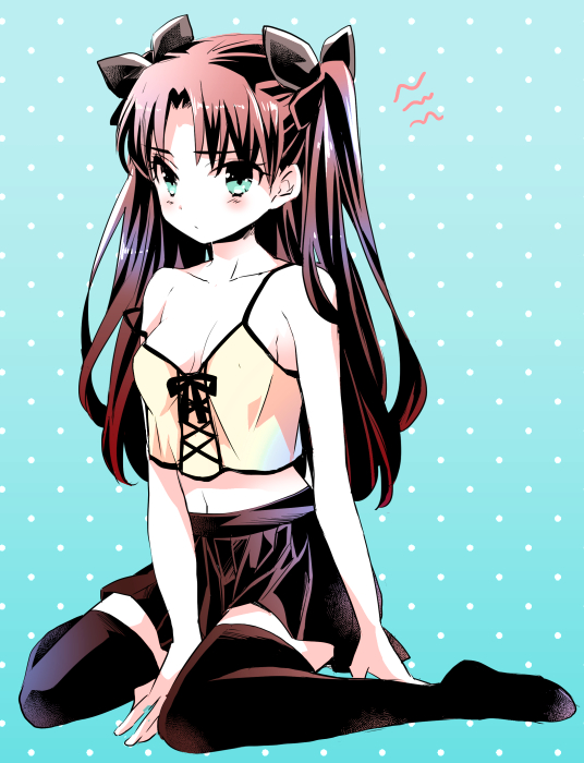 1girl, black_legwear, blue_eyes, blush, breasts, brown_hair, cleavage, fate_(series)
