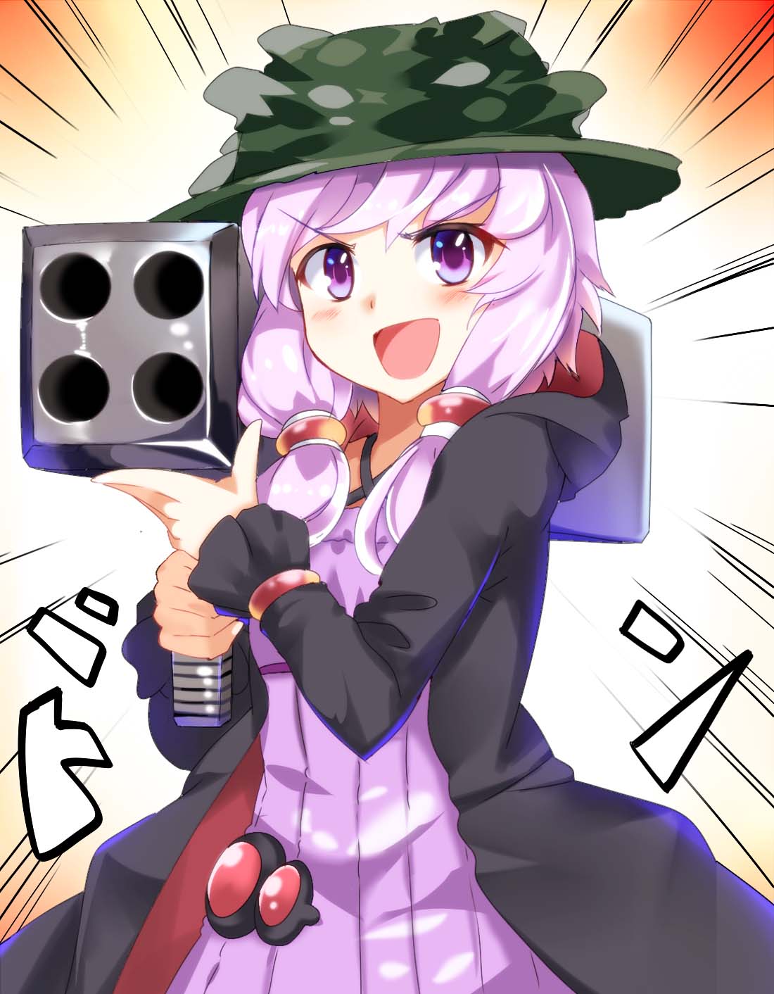 >:d, 1girl, :d, aiming, ark_survival_evolved, blush, camouflage, camouflage_hat, cosplay, dress, e.o., highres, jacket, jitome, military, open_mouth, purple_dress, purple_hair, rocket_launcher, smile, solo, strap, translation_request, violet_eyes, vocaloid, wavy_mouth, weapon, yuzuki_yukari