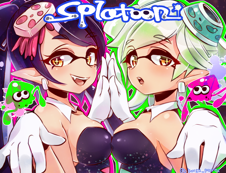 +_+, 2girls, :d, blush, callie_(splatoon), copyright_name, detached_collar, fang
