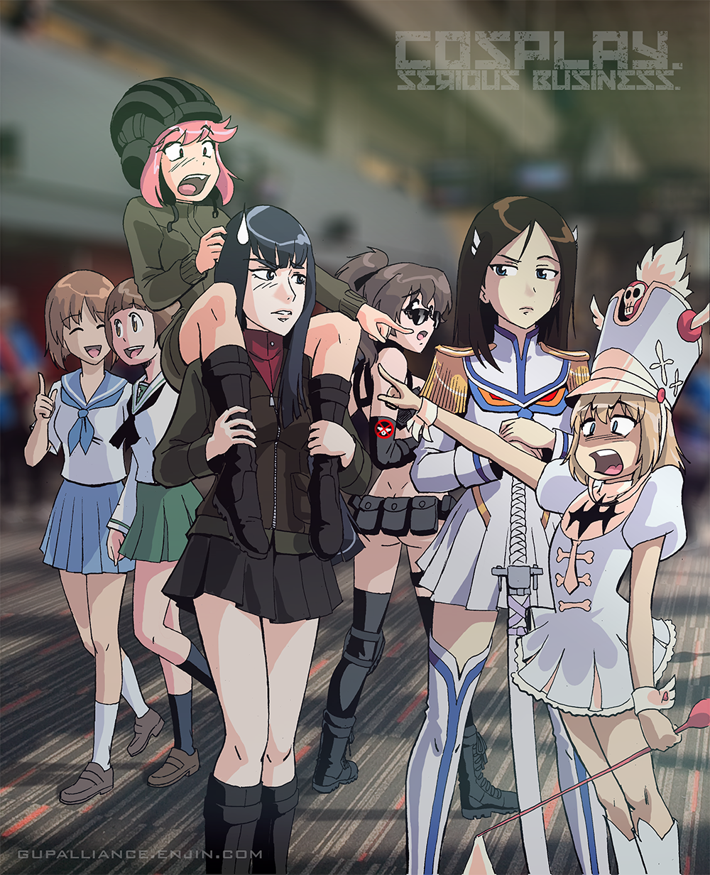 6+girls, baton, belt_pouch, black_hair, black_legwear, blonde_hair, blue_eyes, boots