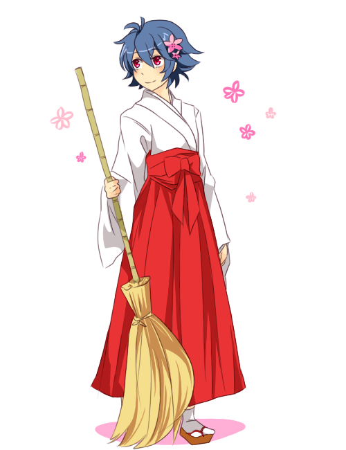 1boy, bangs, blue_hair, blush, broom, crossdressinging, flower, hair_flower